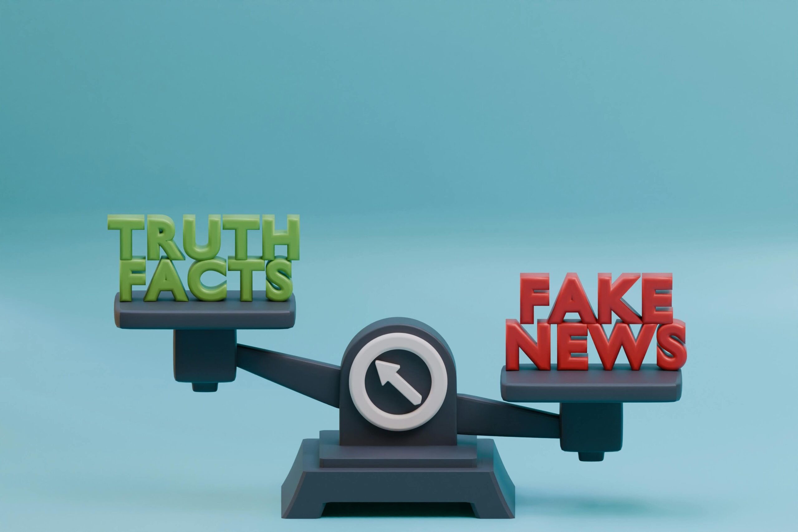 3D illustration of a scale balancing truth and fake news concept against a blue background.